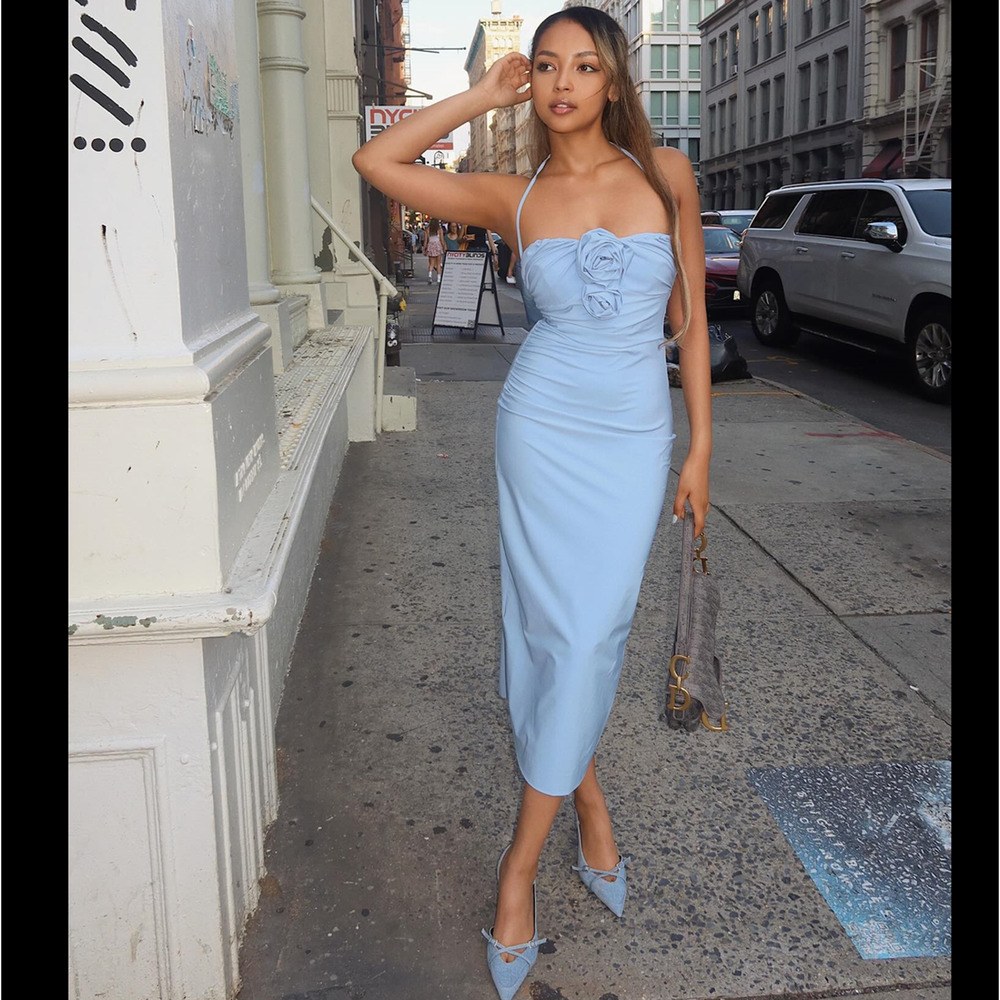 Zara NWT Sky Blue Rosette Strapless Midi Dress S XL - Picture 14 of 16